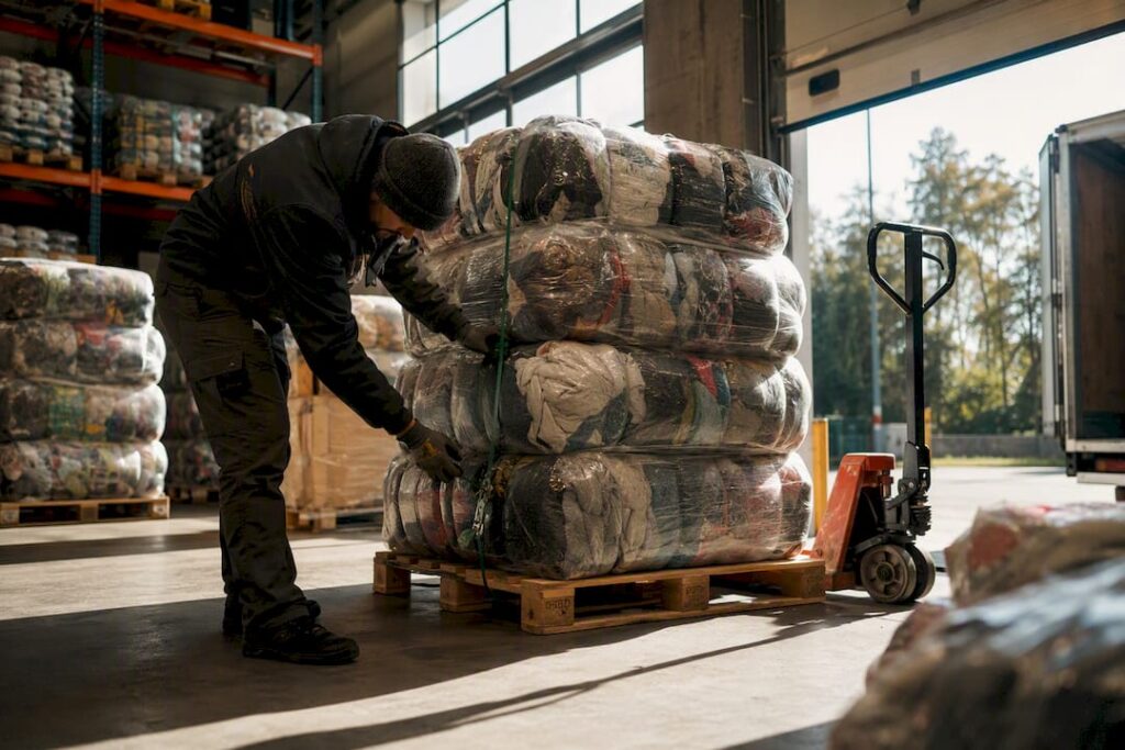 Worker stacking wrapped bales on pallets near container