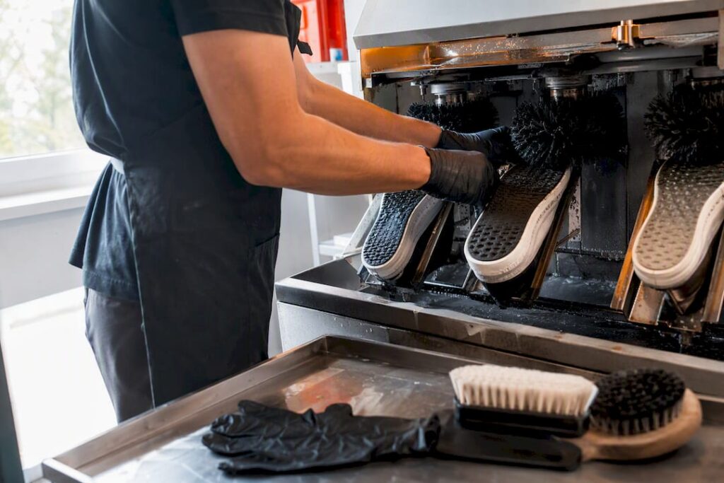 Hands operating shoe cleaning machine