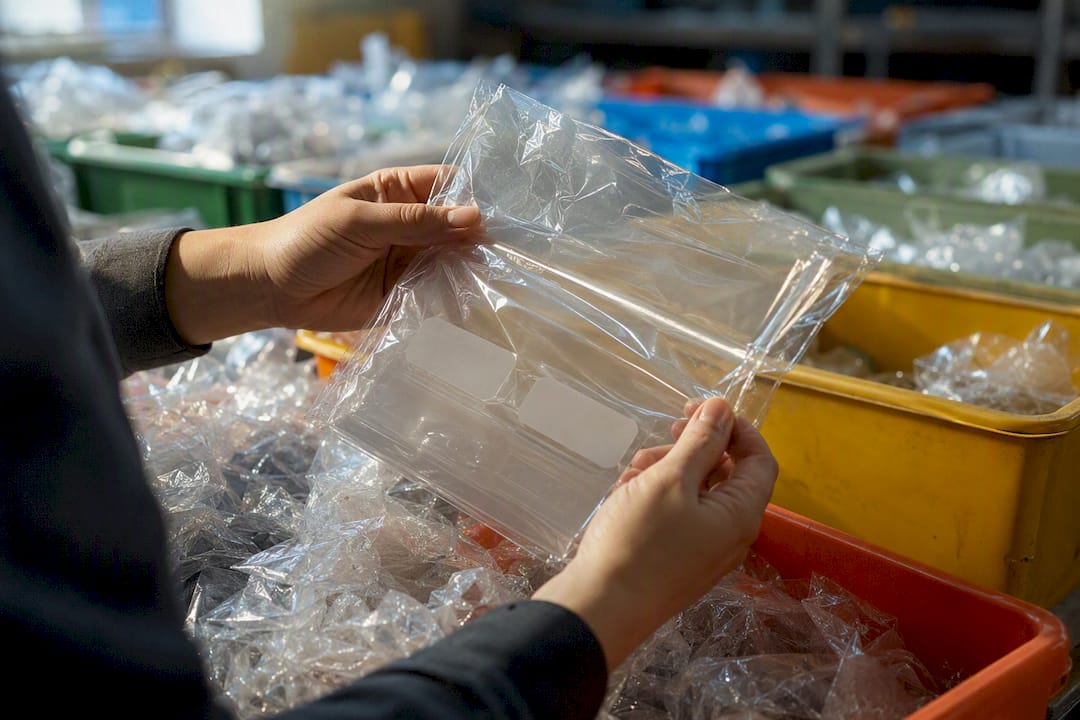 Hands checking recyclable plastic packaging