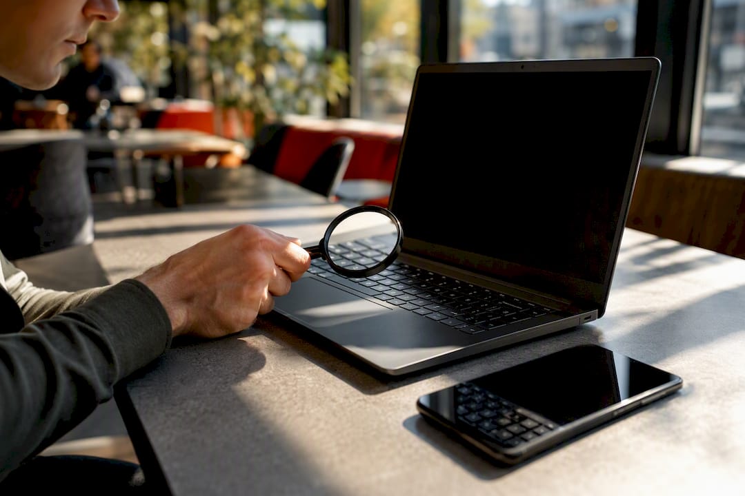 Hands holding magnifying glass near dark laptop keyboard