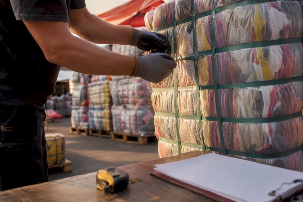 Hands inspecting strapping on used clothing bale