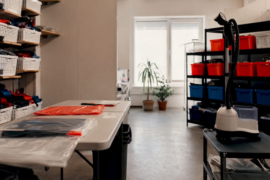 Minimal bale sorting workspace with table and racks