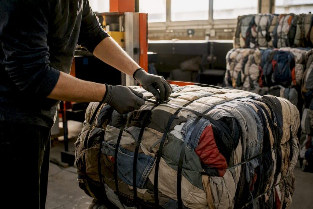 Hands strap bale of used clothing in warehouse