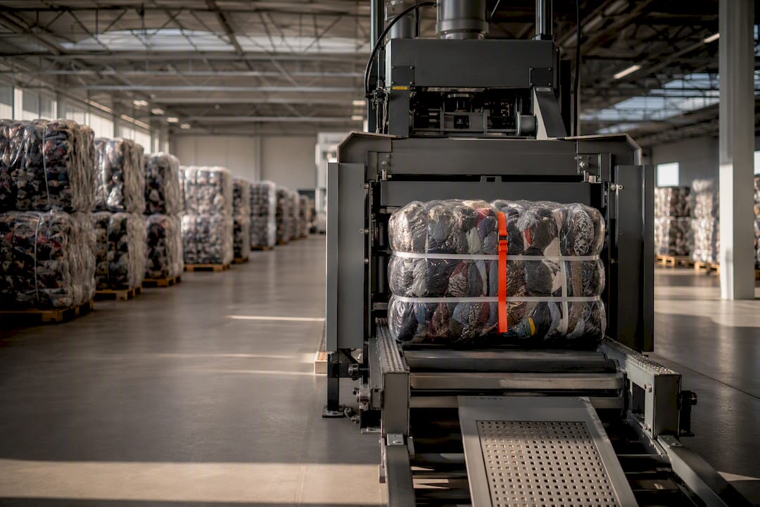 Automated machine packaging textile bales