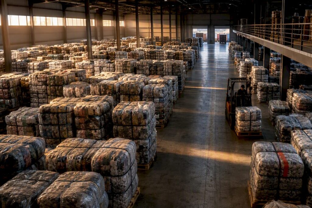 Orderly warehouse of wrapped textile bales