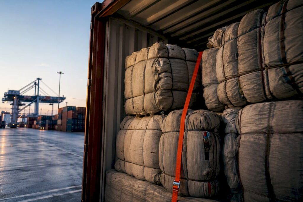 Compressed textile bales prepared for global export