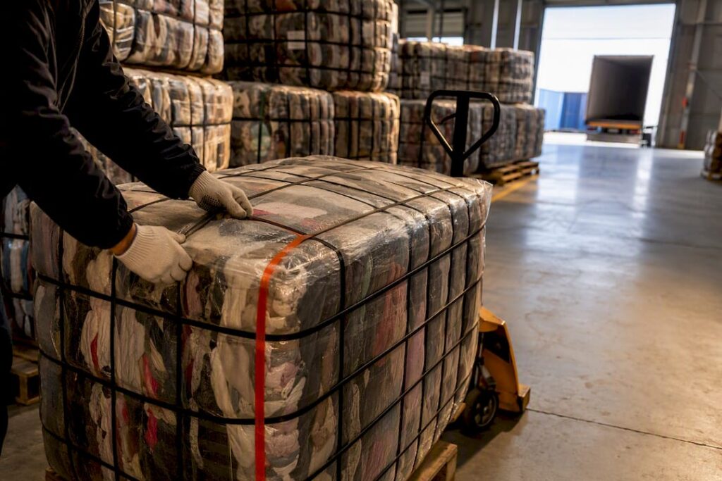 Compressed textile bales prepared for export