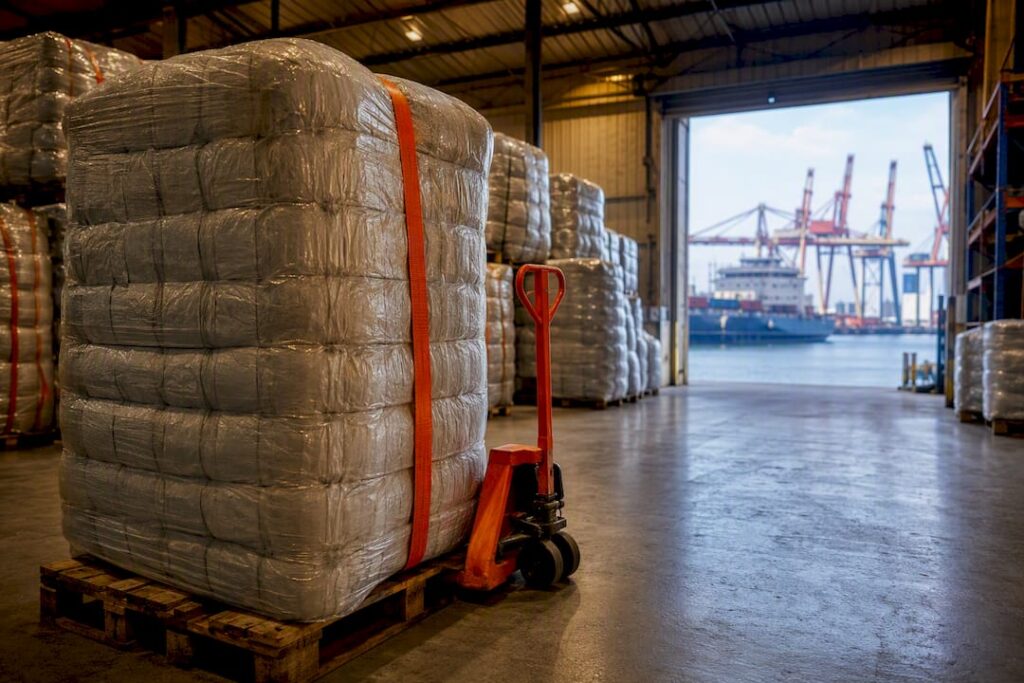 Export clothing bales staged for international shipment