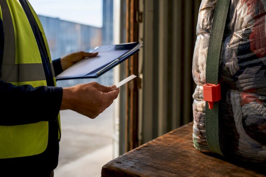 Customs inspection beside compressed clothing bale