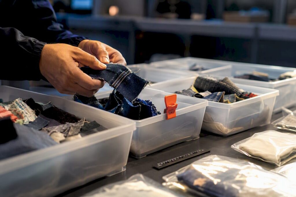 Hands sorting textile samples during inspection