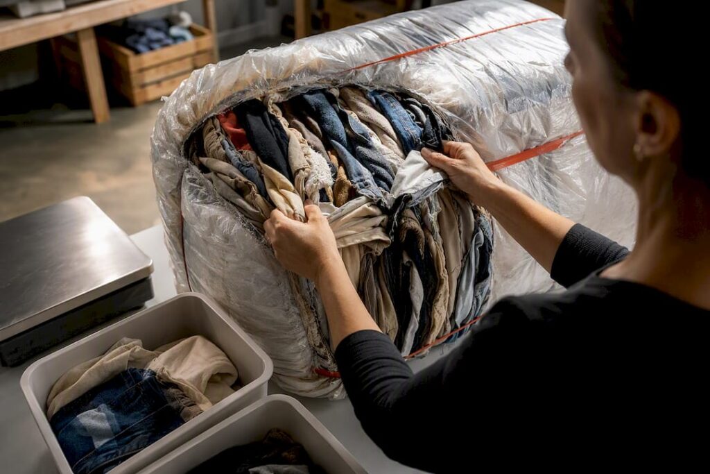 Reseller inspecting a vintage textile bale sample