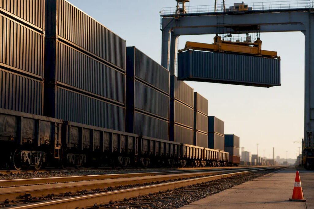 Empty shipping containers at an intermodal yard