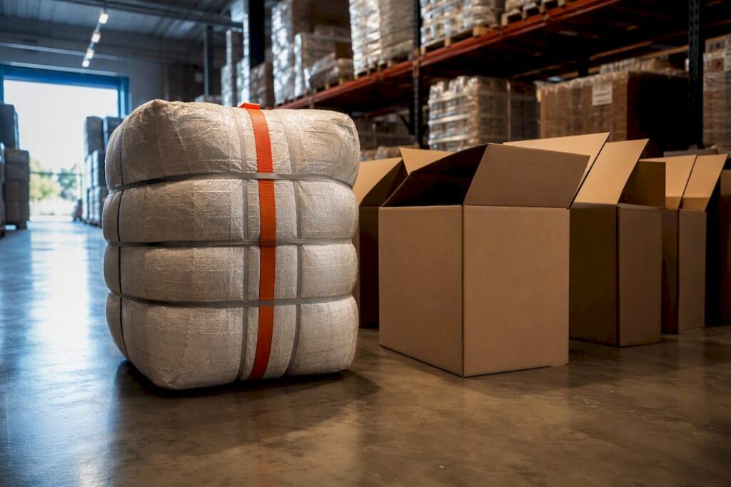 Textile bale beside shipping boxes