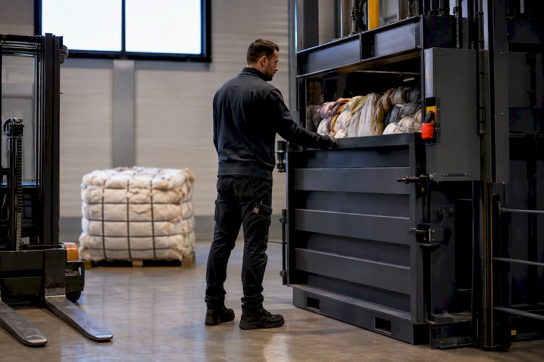 Operator checking industrial textile baler safety