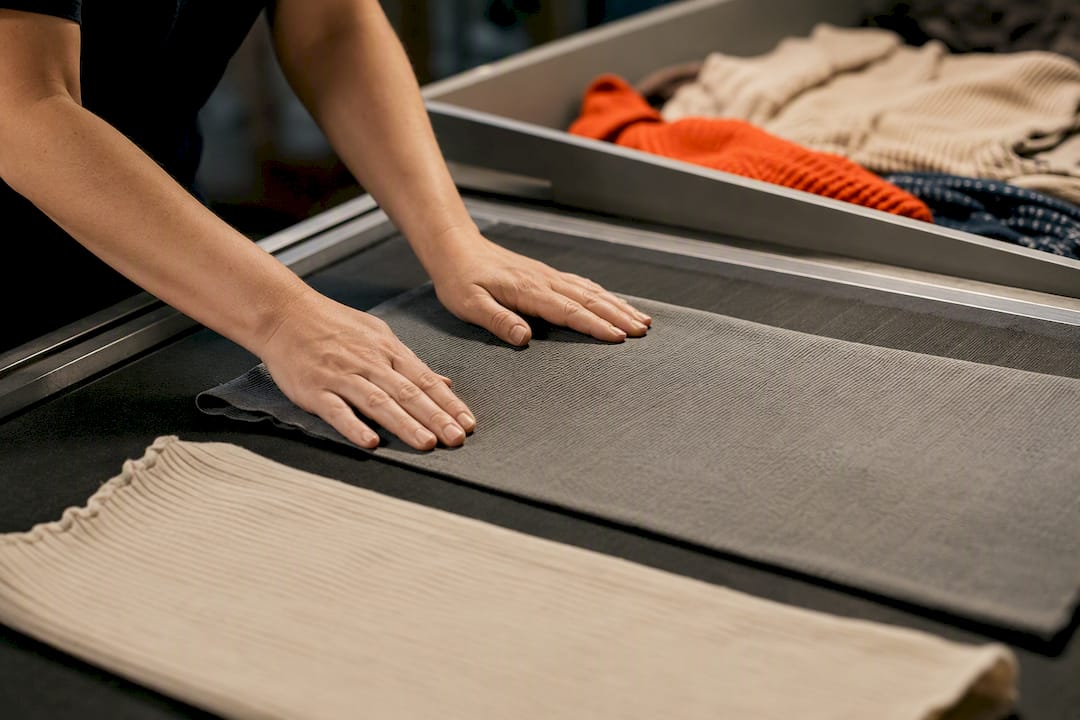 Hands placing textile pieces on conveyor