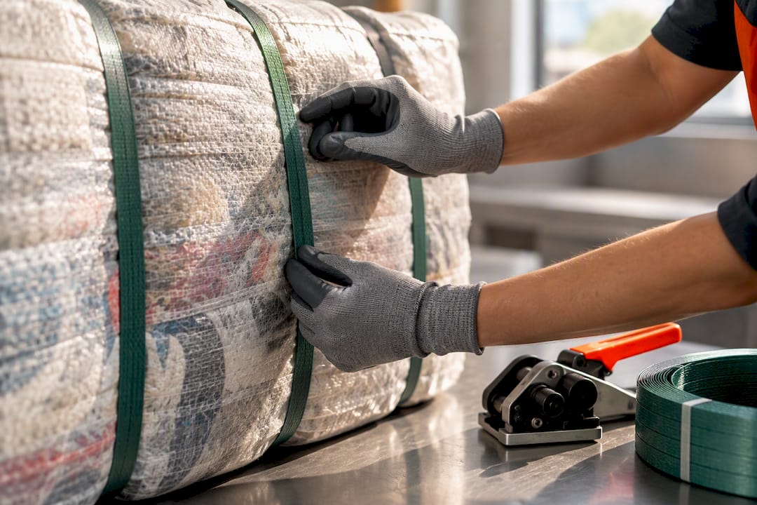 Hands checking straps on compressed textile bale