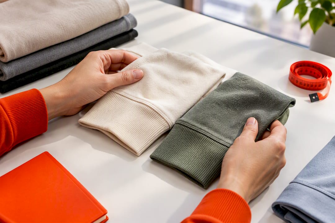 Reseller comparing two anonymous clothing samples