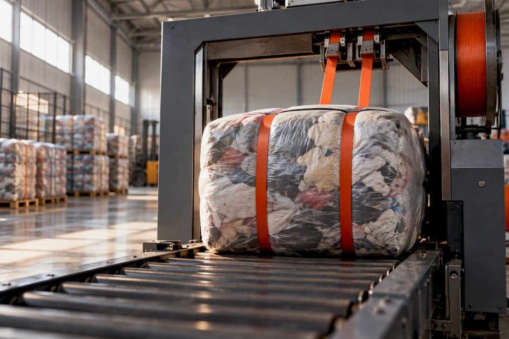 Machine strapping a wrapped clothing bale