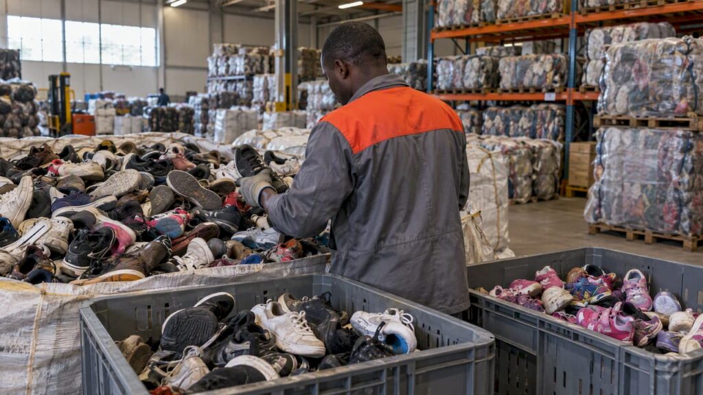 Worker sorting used shoes into wholesale categories