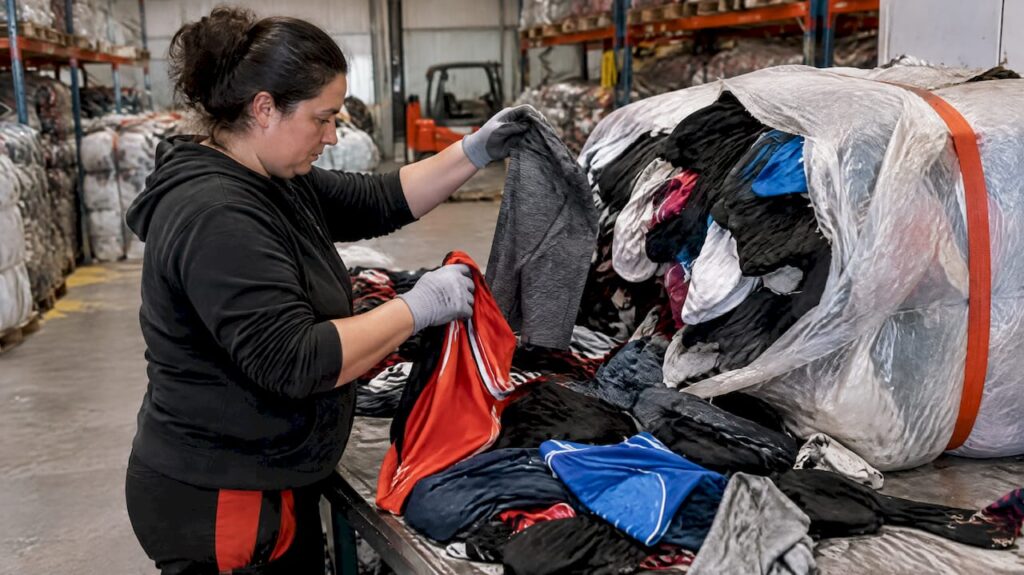 Worker grading sportswear from opened bale