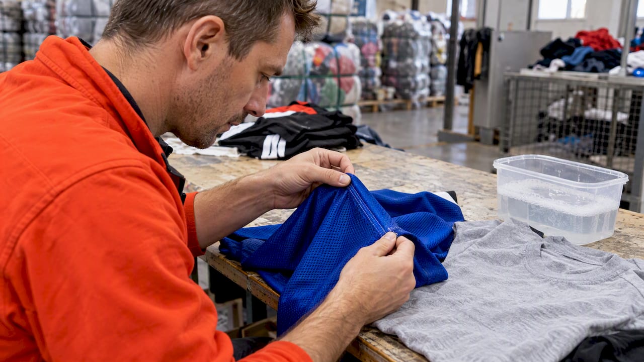 Technician checking sportswear seam strength