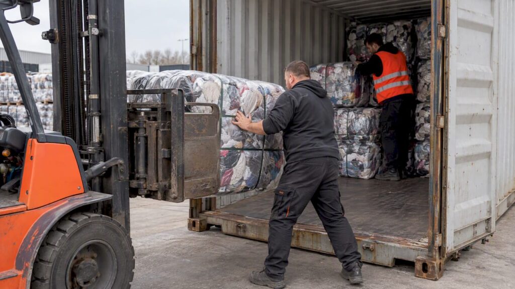 Workers loading used clothing bales into container