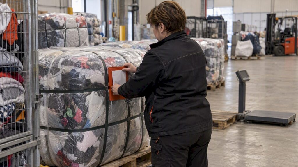 Worker labeling compressed textile bale