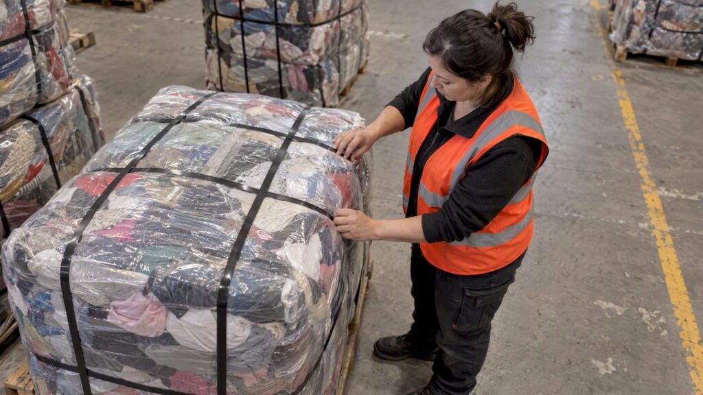 Inspector checking a wrapped clothing bale