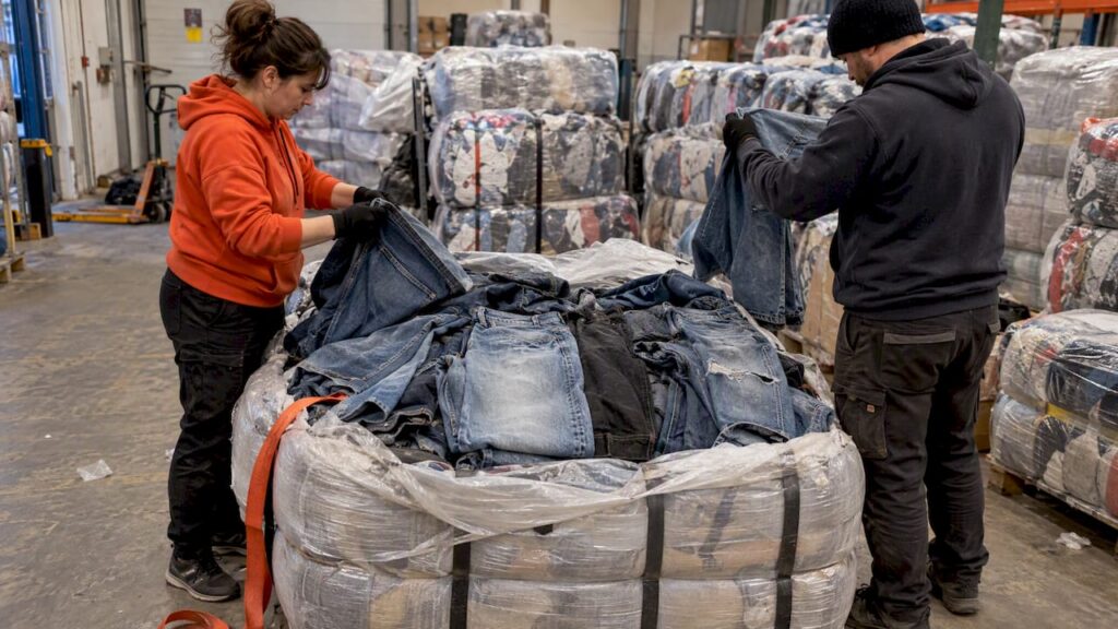 Opened bale revealing assorted used denim