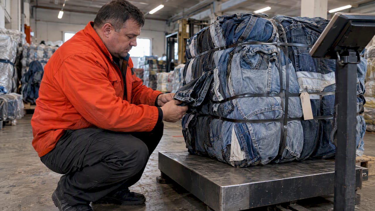 Reseller weighing a denim bale and checking sample