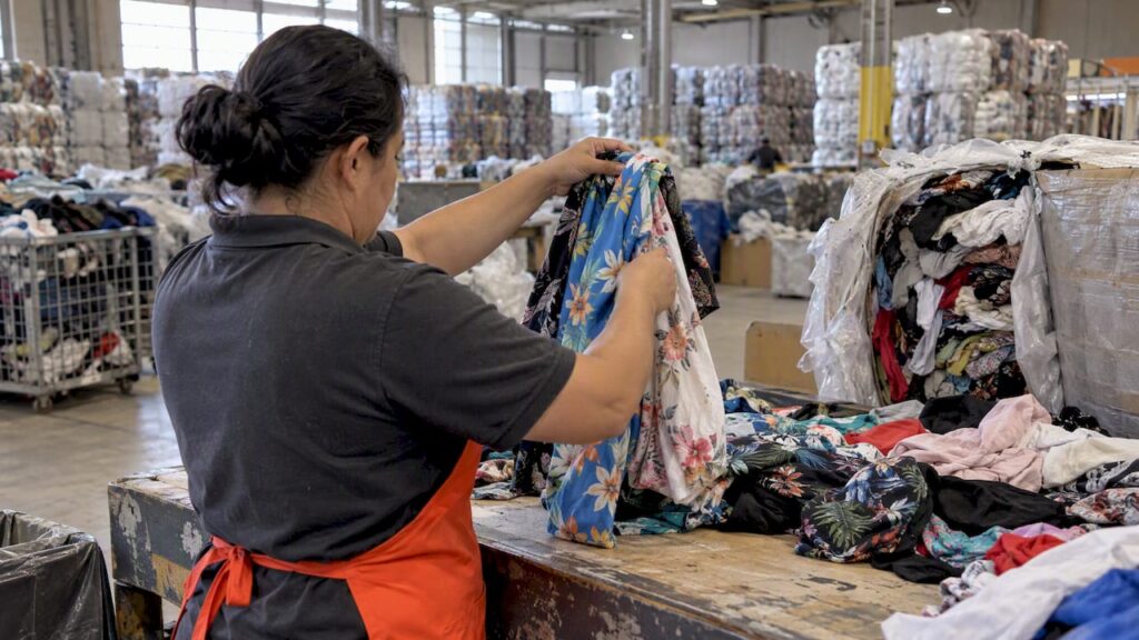 Worker sampling garments from tropical mix bale
