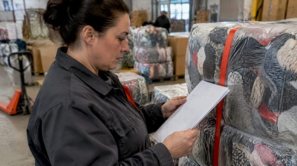 Exporter checks certificate beside used clothing bale