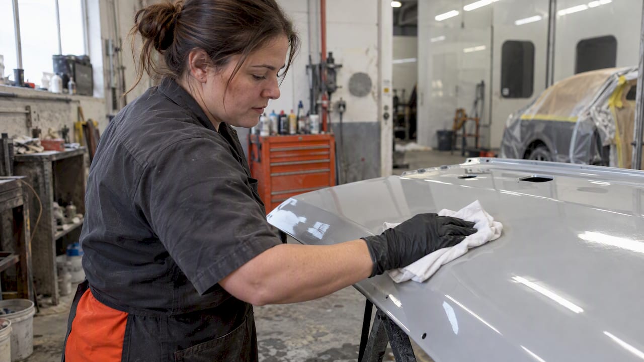 White wiping rag polishing a painted panel