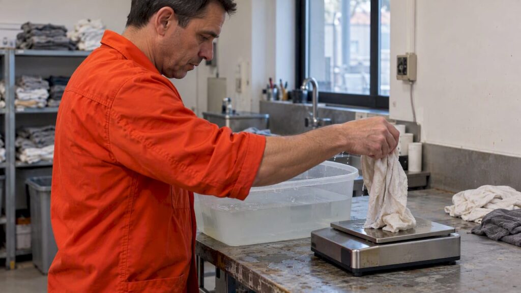 Technician weighing a soaked wiping rag