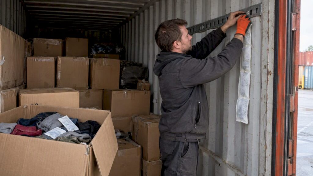 Worker fitting a desiccant strip beside clothing cartons
