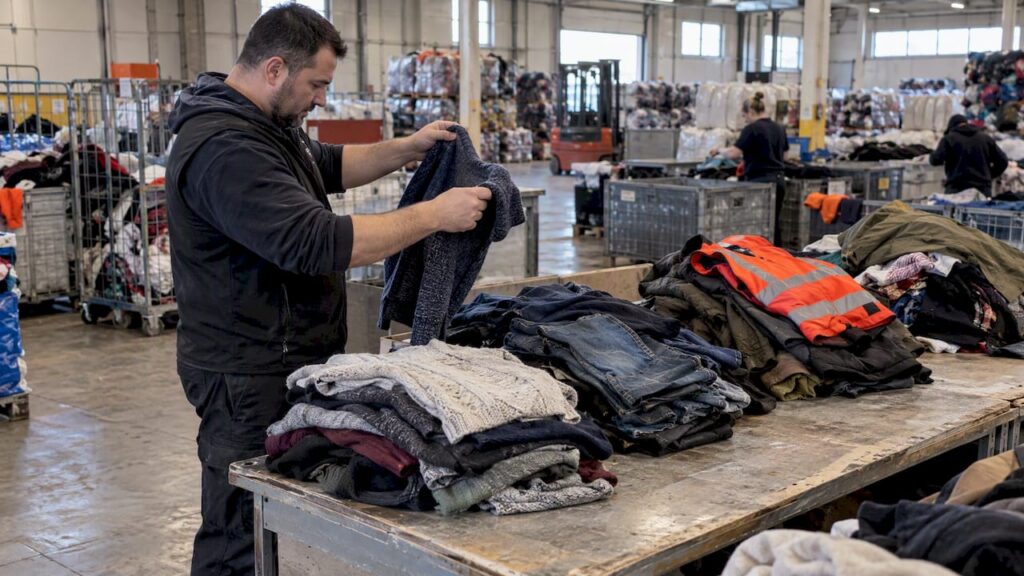 Grader comparing four mixed clothing grade piles